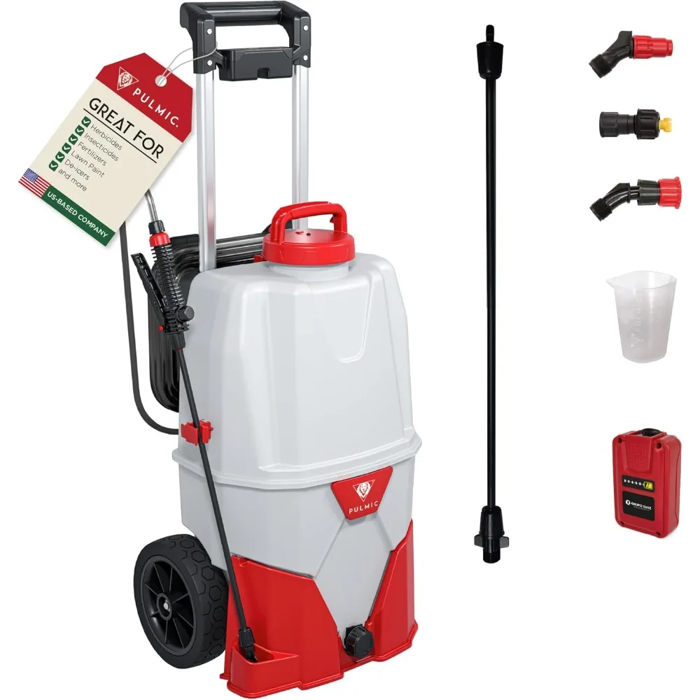 

PULMIC Electric Sprayer Pegasus 35. 9.25-Gallon Cart Sprayer. 3 Application Speeds Up to 60 PSI Pressure. 18V Removable Lithium