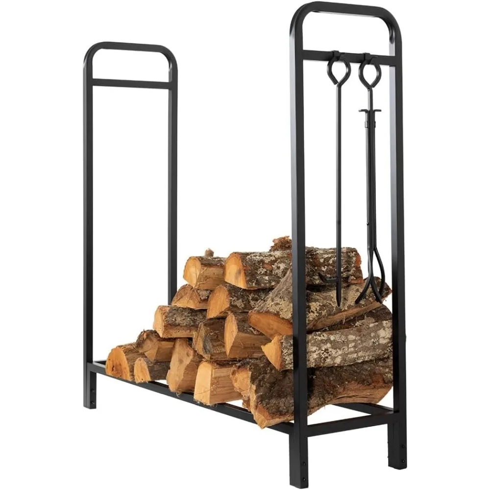 

Modern Ember Sierra Mills 48 Inch Tall Metal Outdoor and Indoor Firewood Log Rack with Black Cover Tool Set - Securely Hold 40+