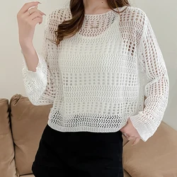 Top in rete trasparente donna a rete manica lunga o-collo Pullover Open-Knit Crochet Top Laides primavera estate Cover Up Casual Outfit