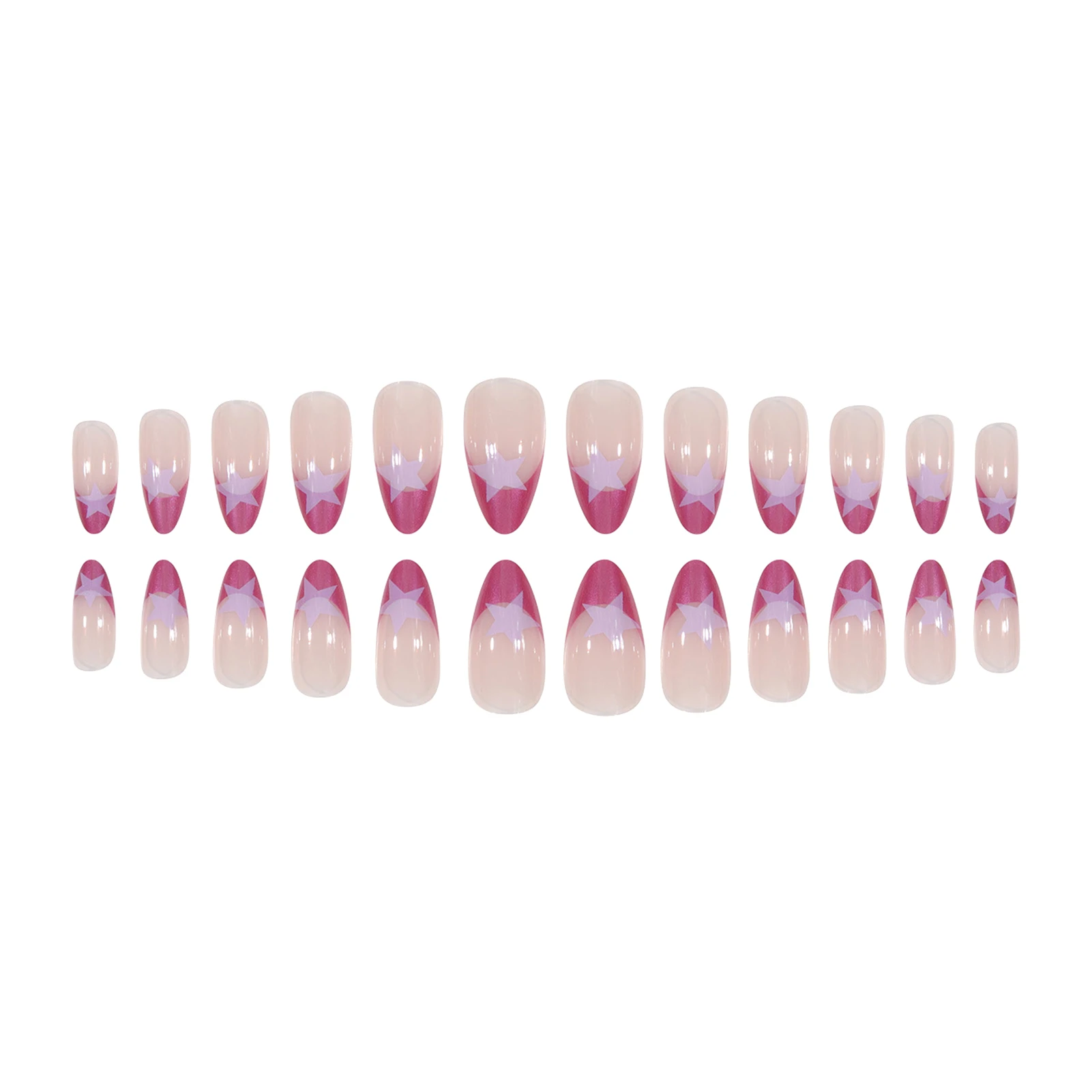 24Pcs Purple French Press On Nails Nude Color Almond False Nails Five-pointed Star Printed Y2K Girls Charm Manicure Nails Art