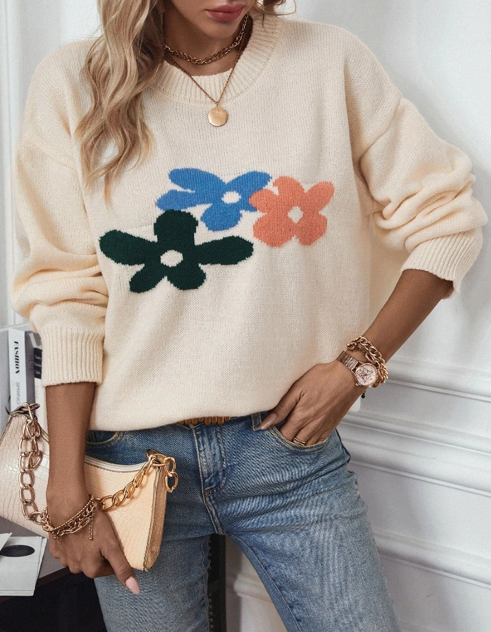 

Autumn and Winter In Stock Fashionable Women's New Product Flower Print Loose Round Neck Long Sleeved Knitted Sweater Pullover