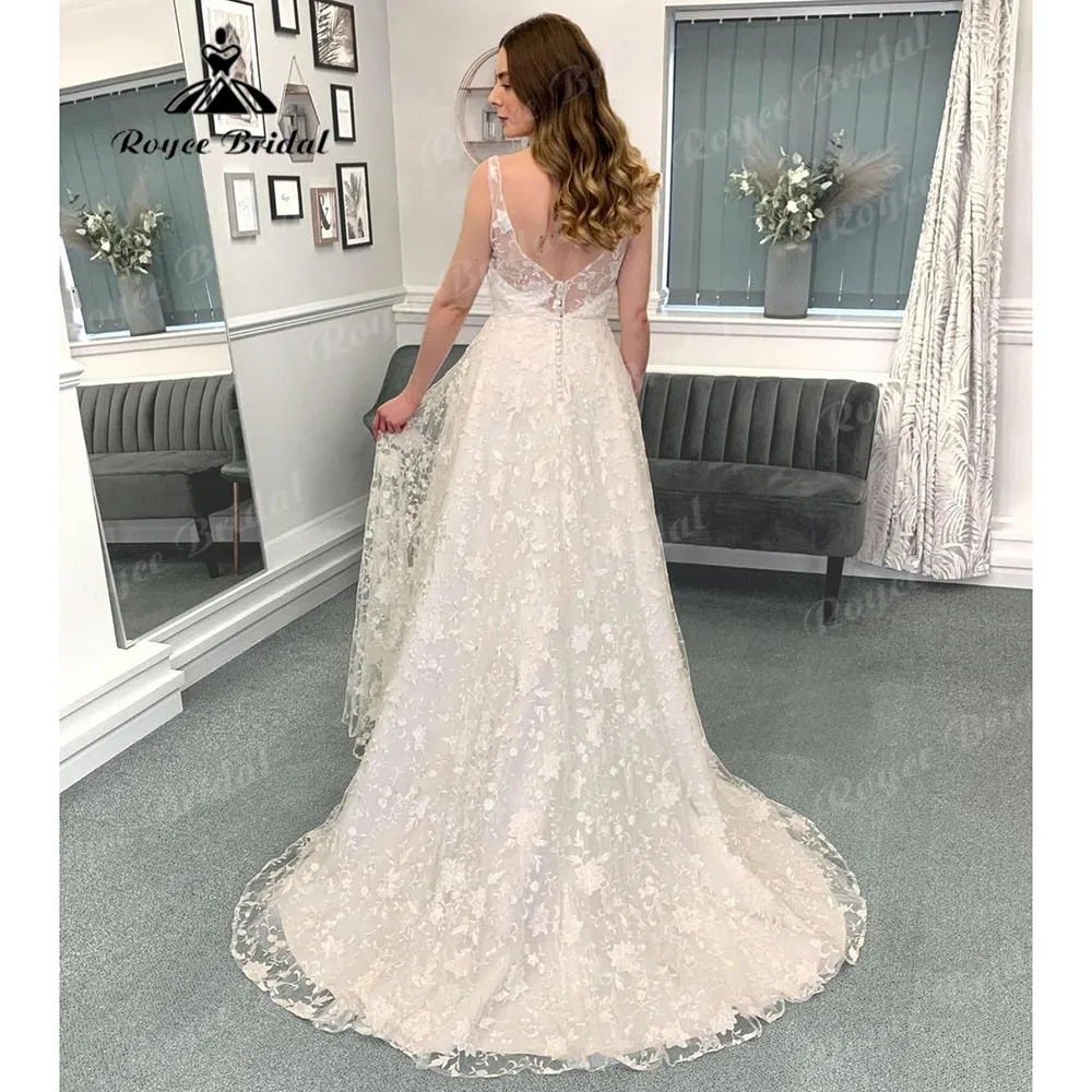 Vinatge-Robe de mariée en dentelle intégrale pour femme, col en V, dos ouvert, ligne de fibre A, robe de patients, sur mesure, sexy, 2024