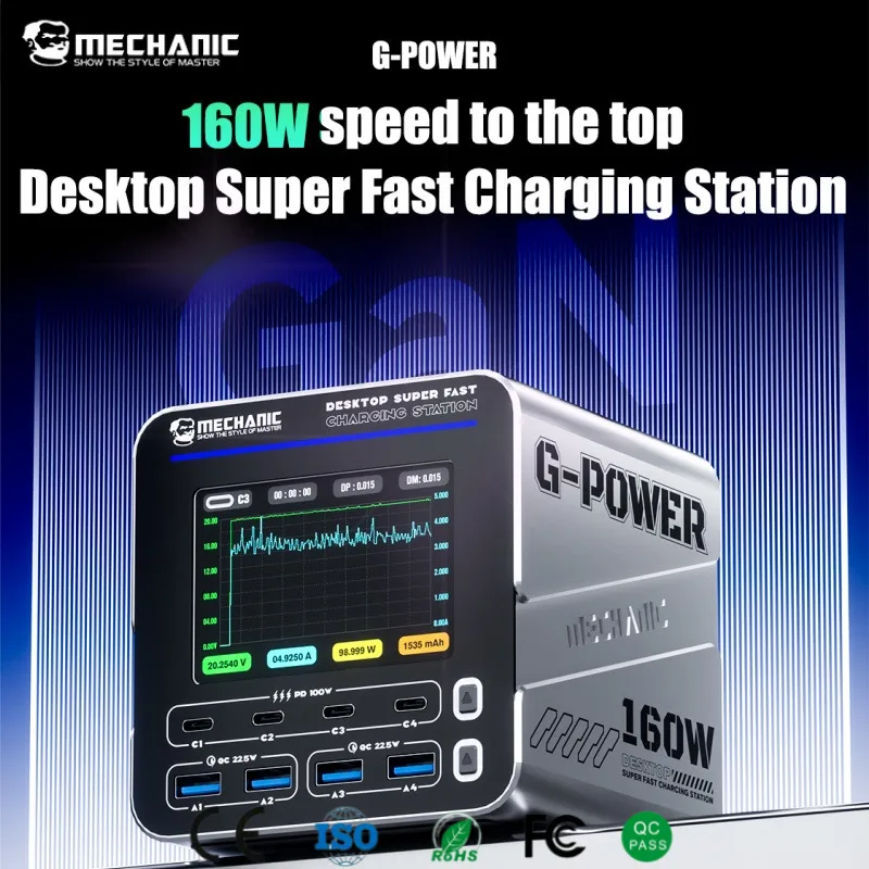 

MECHANIC GPOWER 160W GaN Charging Station 8-Port Fast Charge with Smart TFT Display PD100W QC3.0 MagSafe for Laptop/Phone/Tablet