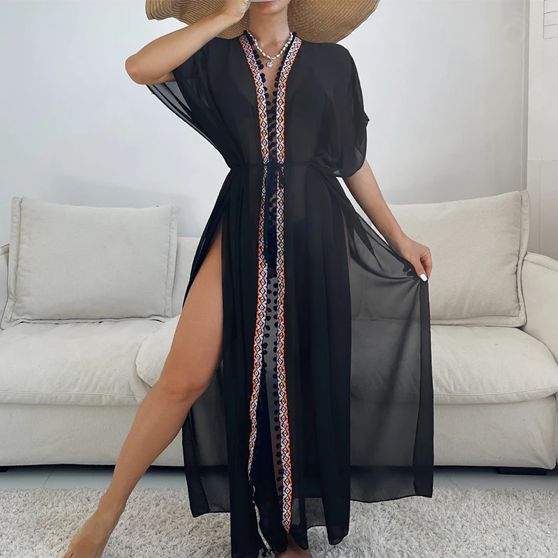 Summer Vacation Lightweight Sheer Bikini Cover-Up, Ethnic Style Side Slit Tie Up Long Cardigan, Casual Loose-Fitting Clothing