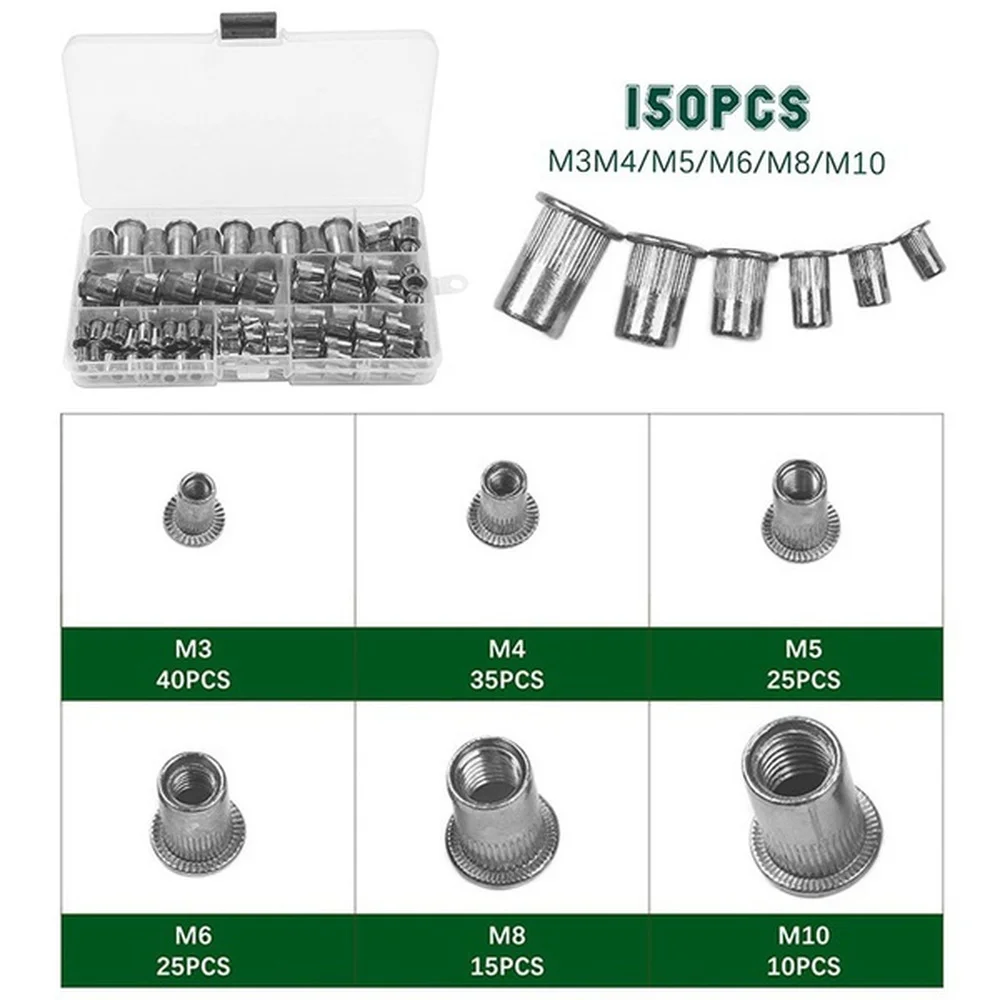 150PCS Aluminum Threaded Insert Nutsert Cap Flat Head Rivet Nut