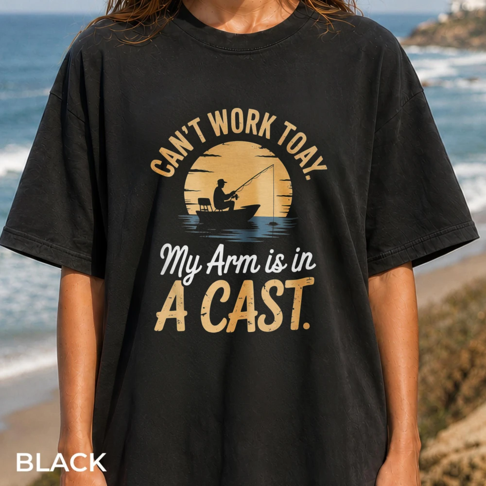 Can't Work Today My Arm Is In A Cast Tees Sunset Fisherman Cotton T Shirt Funny Fisherman T-Shirt Retirement Angler Humor Gift
