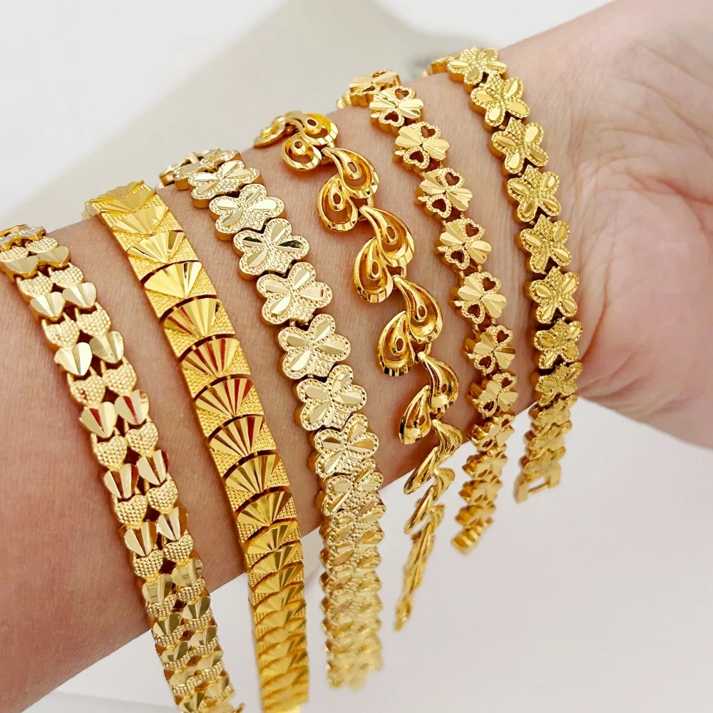 Women's Hand Bracelets Dubai Gold Color Flower Heart Link Chain Bangle Wristband Wedding Jewelry Accessories Gifts