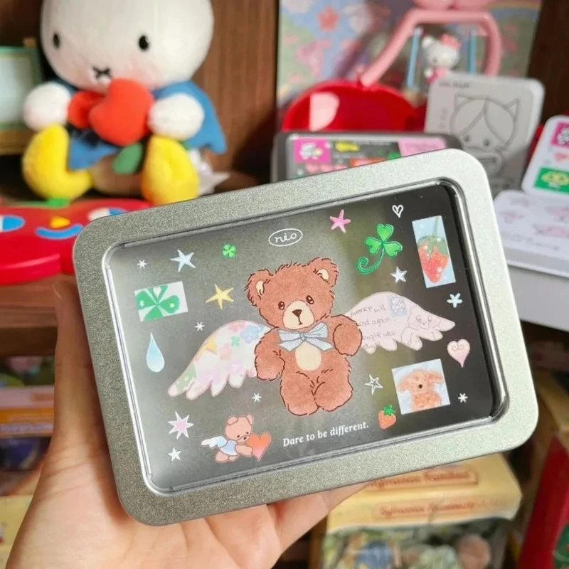 1PC Four Leaf Clover Angel Bear Pattern Windowed Metal Storage Box for Card Stamp Journal Accessories Desk Decor Organizer