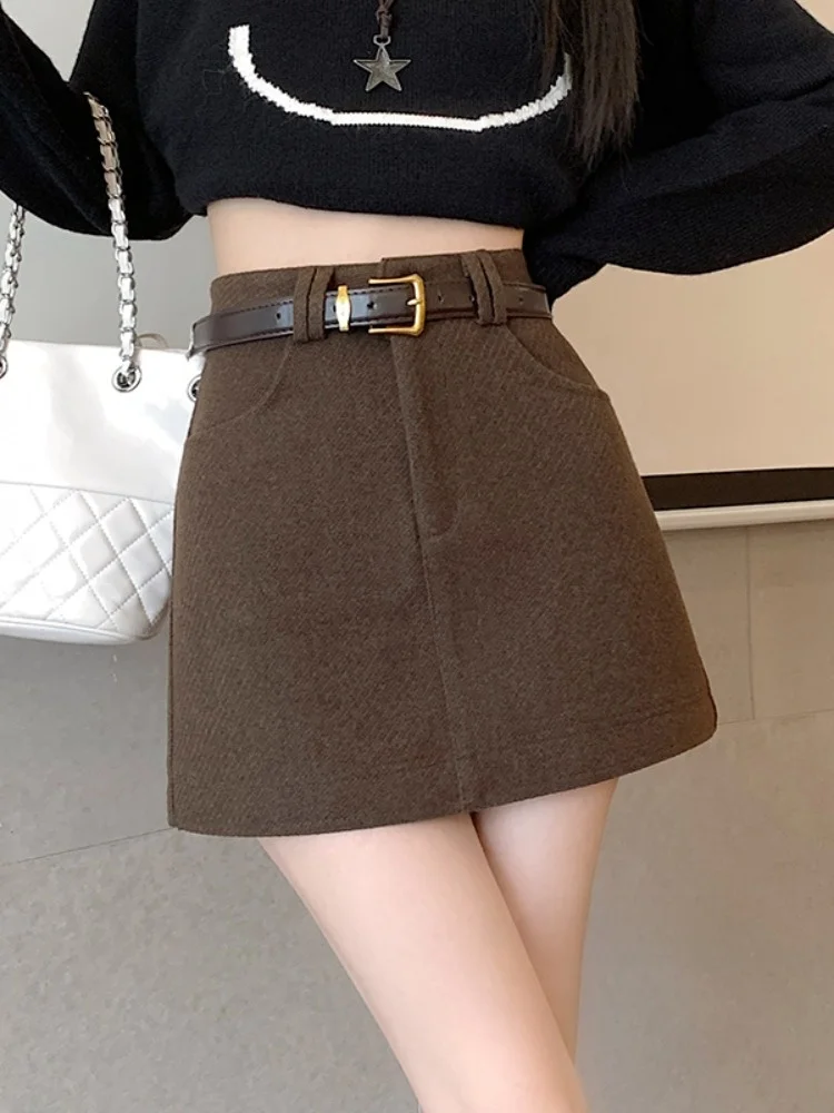 

Caramel Woolen Autumn Skirt High Waist A-Line Skirt Women's Thiened ort Skirt Slimming Small Size f Skirt