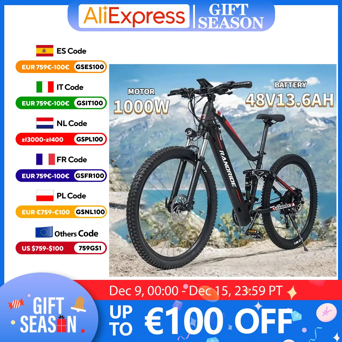 E Bike 1000W Powerful Motor 48V13.6AH Lithium Battery Electric Bicycle 27.5-Inch Tire 27-Speed Off-road mountain Electric Bike