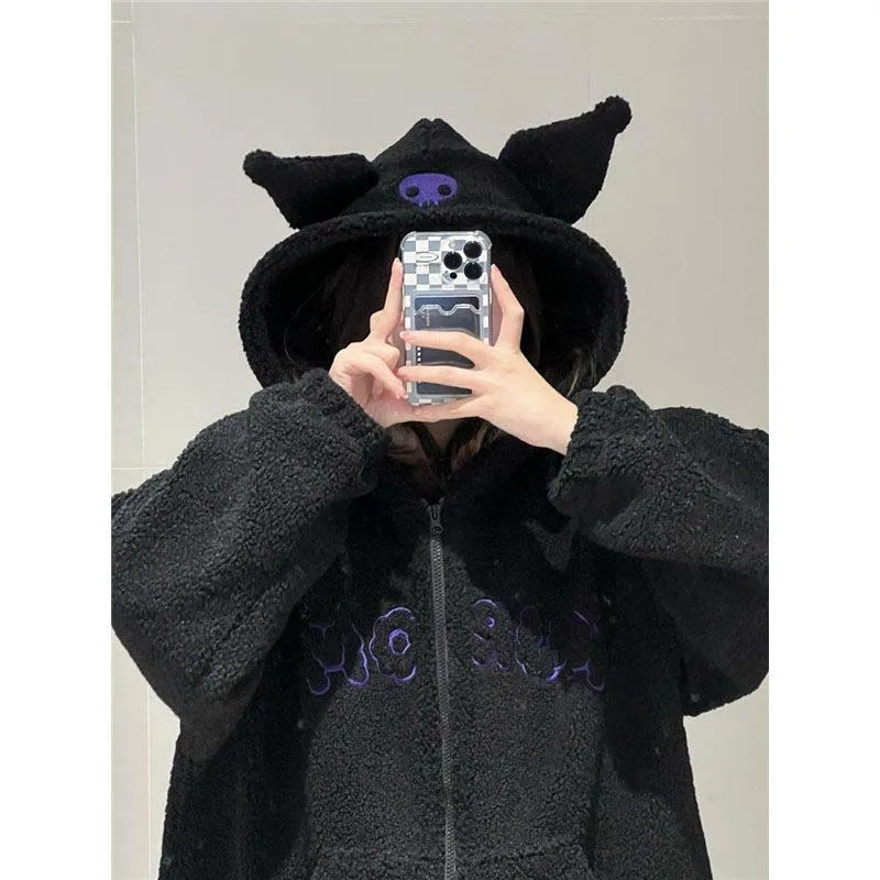 Sanrio Loose Hoodie Hello Kitty Kuromi Kawaii Y2K Coat Autumn Winter Sweet Girls Clothes Anime Mbroidery Hooded Coat Women Gifts