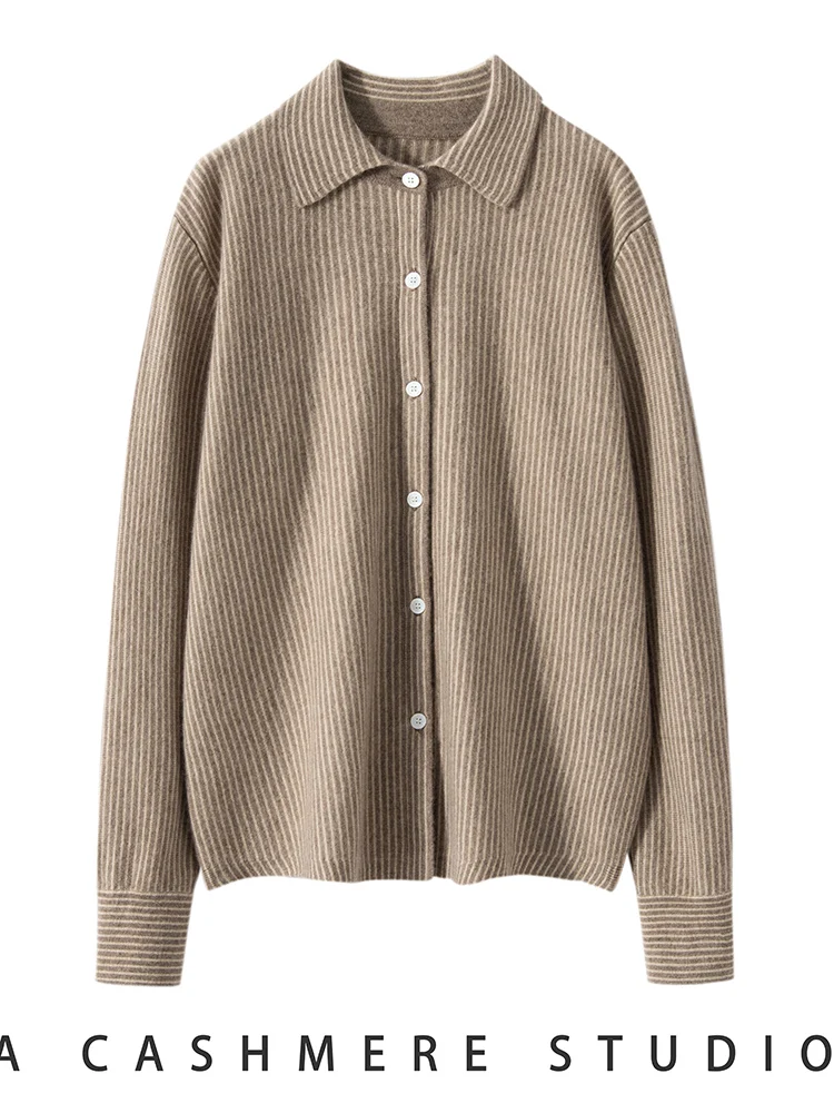 Nowy Elegancki Damski Sweter Kaszmirowy 100% Pionowe Paski Kołnierzyk Koszulowy Kaszmirowe Guziki Kardigan Biurowy Jesienno-Zimowy Wygodny Top