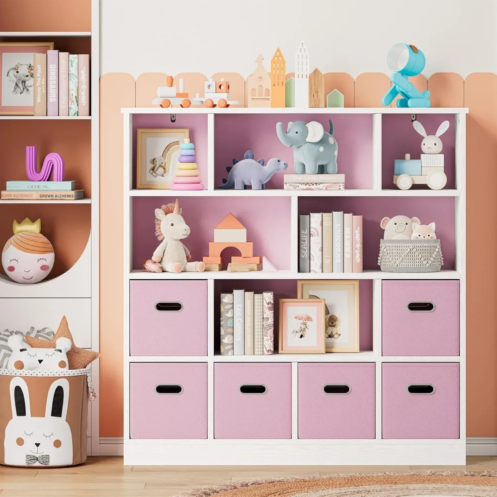 12칸 나무 수납 선반, 6개의 수납함, 어린이용 3단 책장, 장난감 및 책 보관함, 핑크색