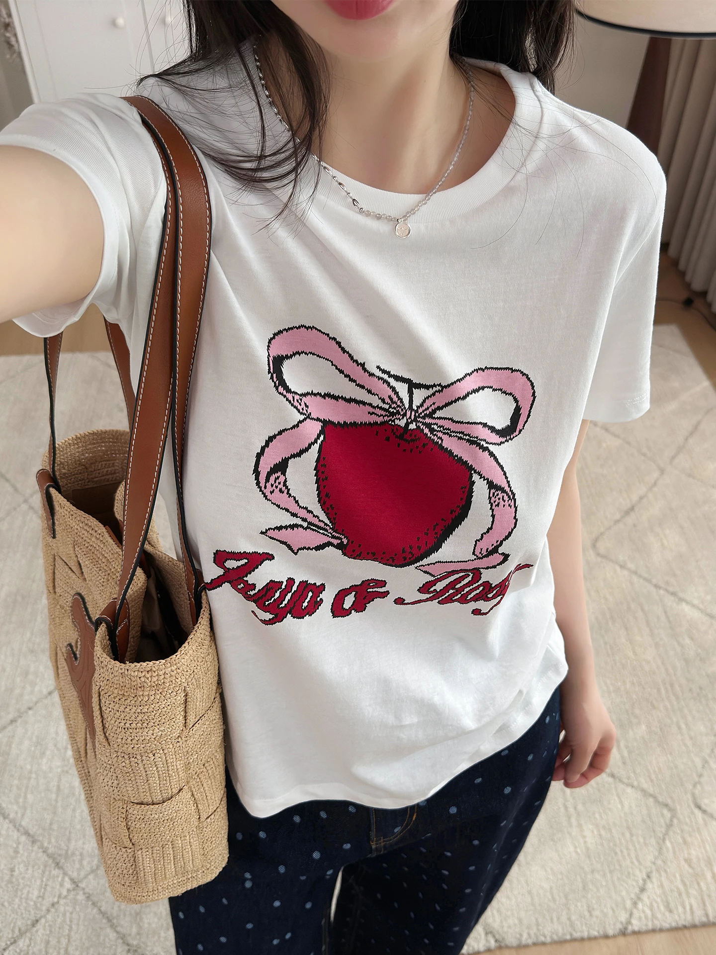 

Loose Cotton T-shirt Women Summer round Neck Short Sleeve Printed Knot Casual Style Slimming Top Fashionable Straig...