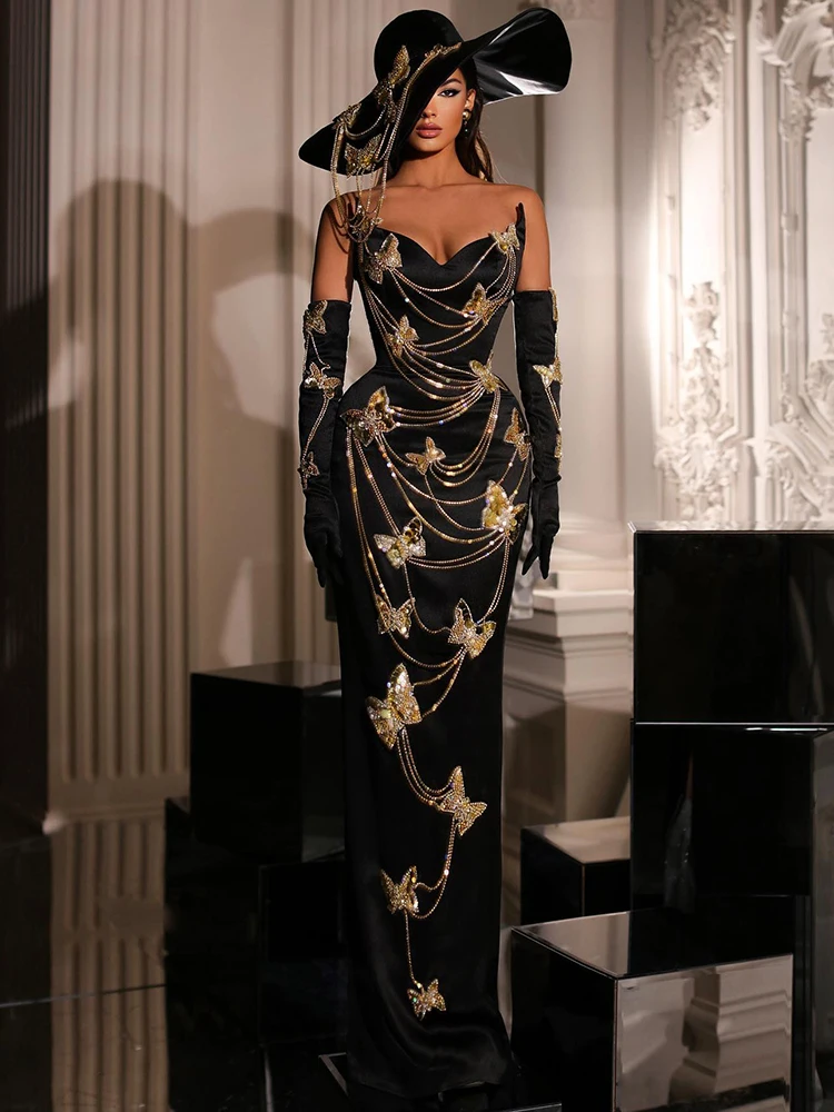 black and gold winter dress Black/Gold Ombré Lurex Bustier Gown with Train