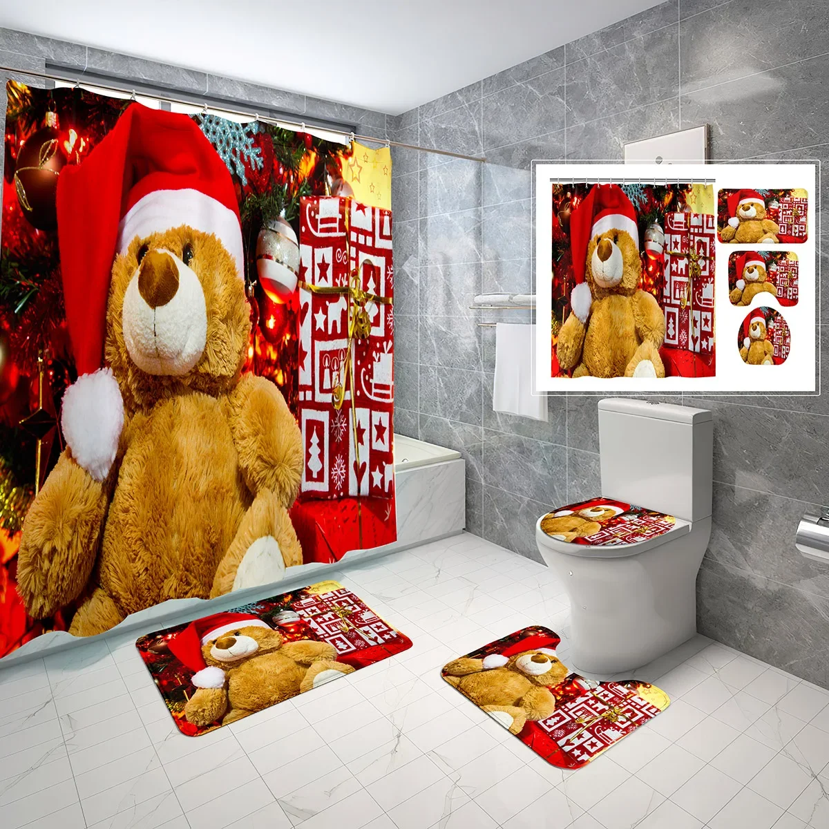 4 PCS Merry Christmas Shower Curtain Set Christmas Atmosphere Shower Curtain Bathroom Non-Slip Bath Mat Toilet Cover