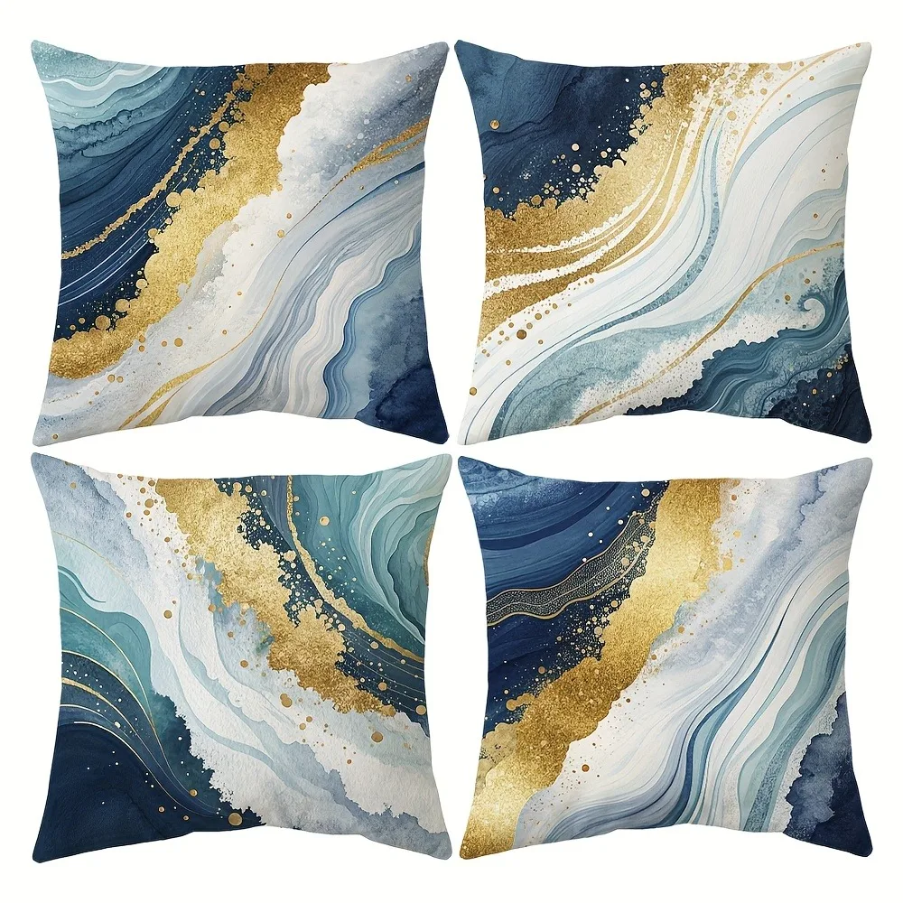 Glamorous Blue - Gold Wave Pillow CoversLiving room sofa cushion cover, soft and comfortable, bedroom room decoration