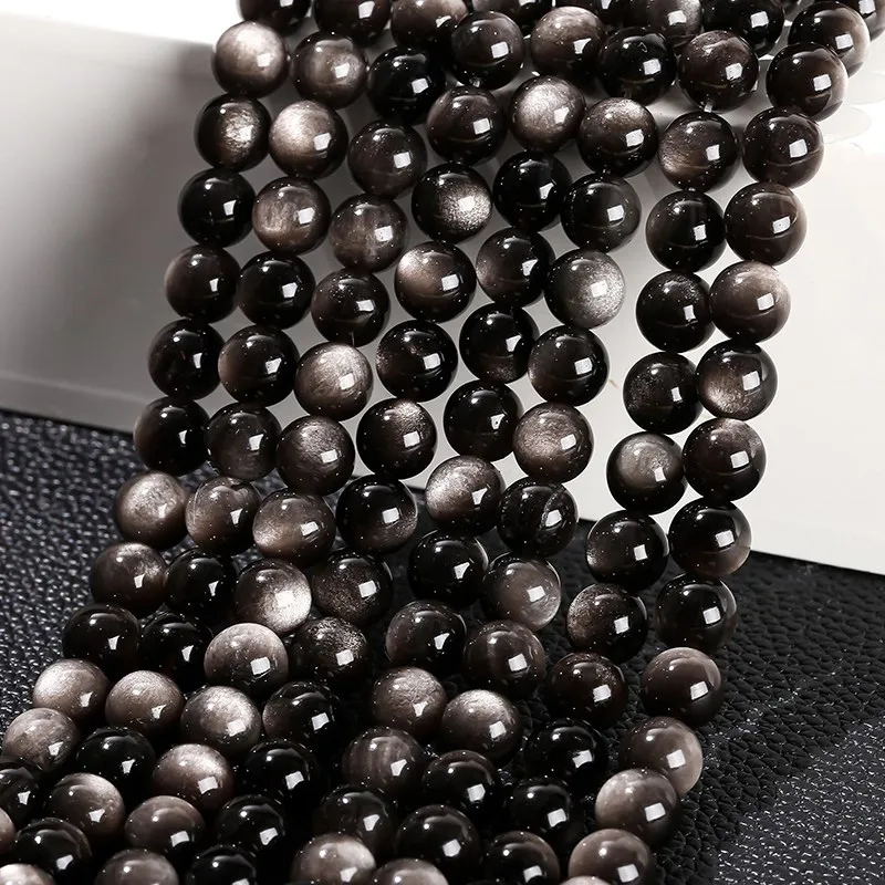 Natural Stone Silver Obsidian Beads Round Loose Spacer Silvery Sheen Bead For Jewelry Making DIY Bracelet Necklace Accessory