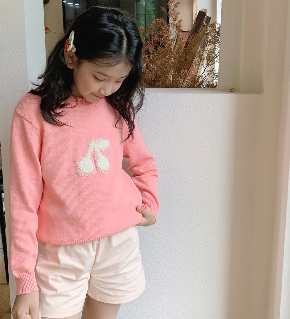 

2026 spring autumn baby girl clothes kids tops baby clothing pink sweater Cherry pattern embroidery Girls' knitted sweater