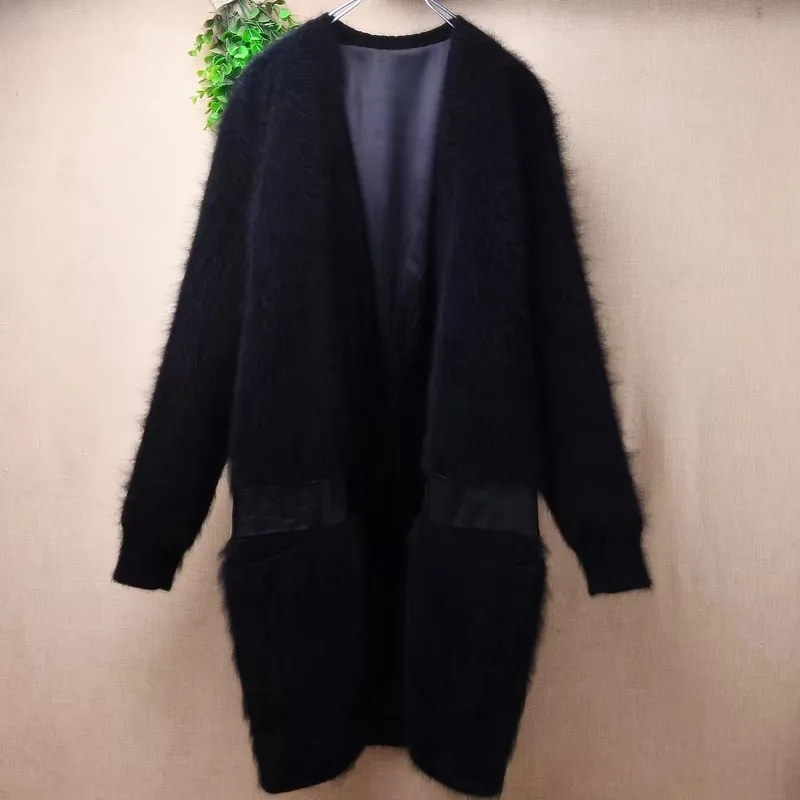 

Ladies Women Fall Winter Thick Warm Black Hairy Mink Cashmere Knitted Black Long Sleeves Slim Medium Long Sweater Cardigans Coat