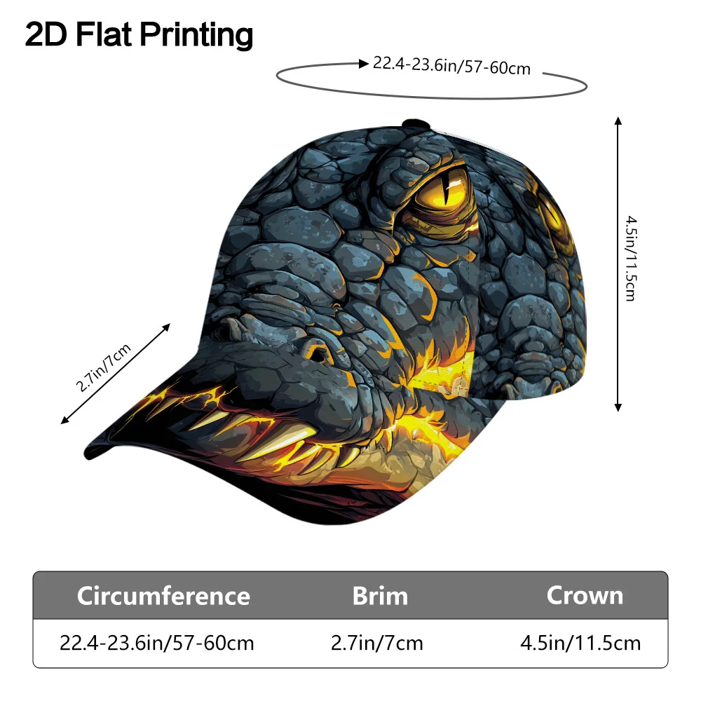 Custom 1pc, Fiery Alligator Face Printed Baseball Cap Offers an Adjustable Snapback and Full-Body Vibrant Design. Lightweight
