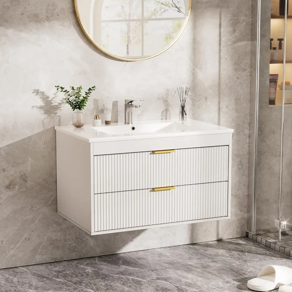 Meja Rias Kamar Mandi Mengambang 30 ''dengan Wastafel, Meja Rias Mengambang Kamar Mandi Terpasang Di Dinding dengan Wastafel Keramik, 2 Laci, Pintu Tutup Lembut