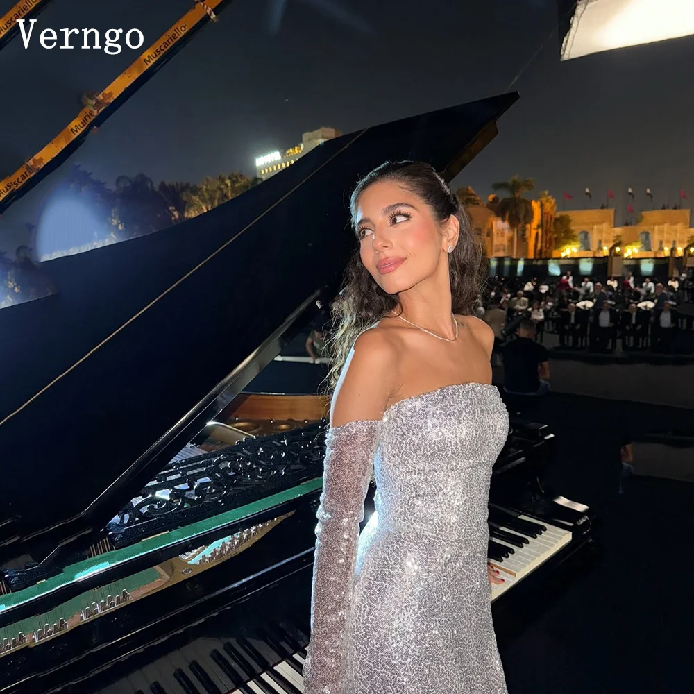 

Verngo Sliver Shiny Sequined Evening Dress Strapless Sexy Mermaid Gloves Formal Occasion Dress Maxi Prom Gowns Customized