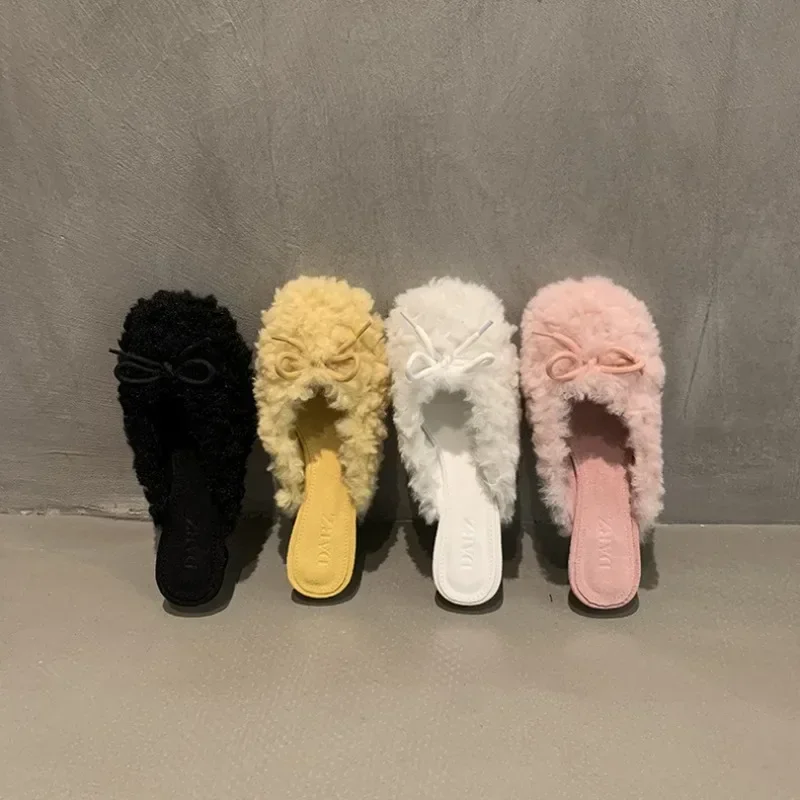 women Fashion Elegant Round Toe Lamb Hair Slippers  Winter Outdoor High Heel Banquet Plush Shoes Female Zapatillas Mujer