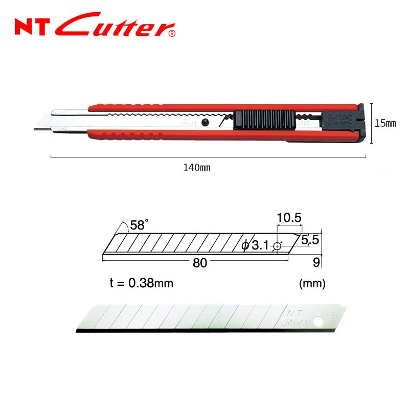 NT Cutter A-250RP Cutter Utility Knife 9mm Craft Art Knives Paper Cutting Tools Matching Spare Blade BA-10P Replacement Blades