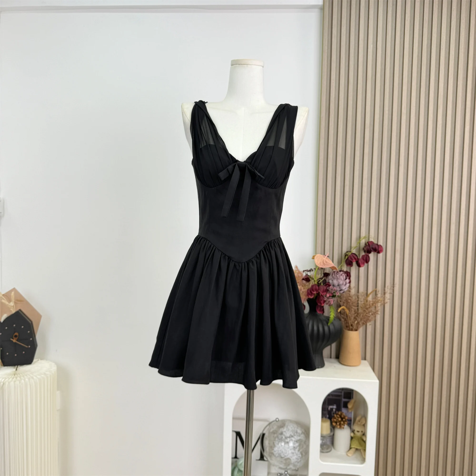 

Summer Women French Vintage Black Dress Mini V-Neck Frock Evening Shoujo One-Piece Party Aesthetic Evening Prom Gown Coquette