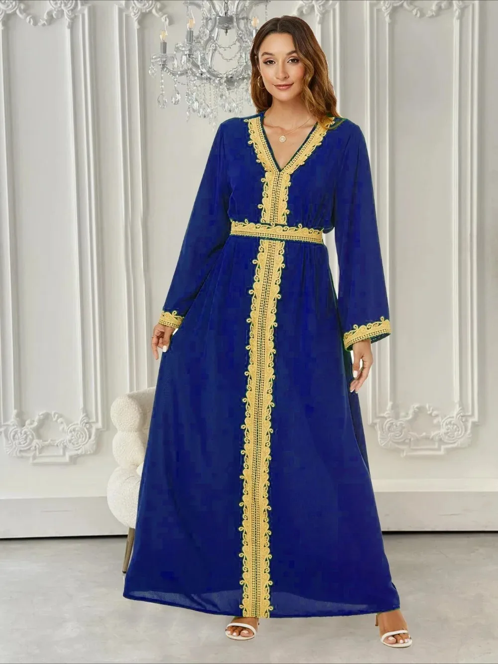 Sweet Long Sleeve Eid Turkey Muslim Dress Women Kaftan Long Robe Abaya V Neck Vestidos Islamic Clothing Arabic Dresses Mulsuman