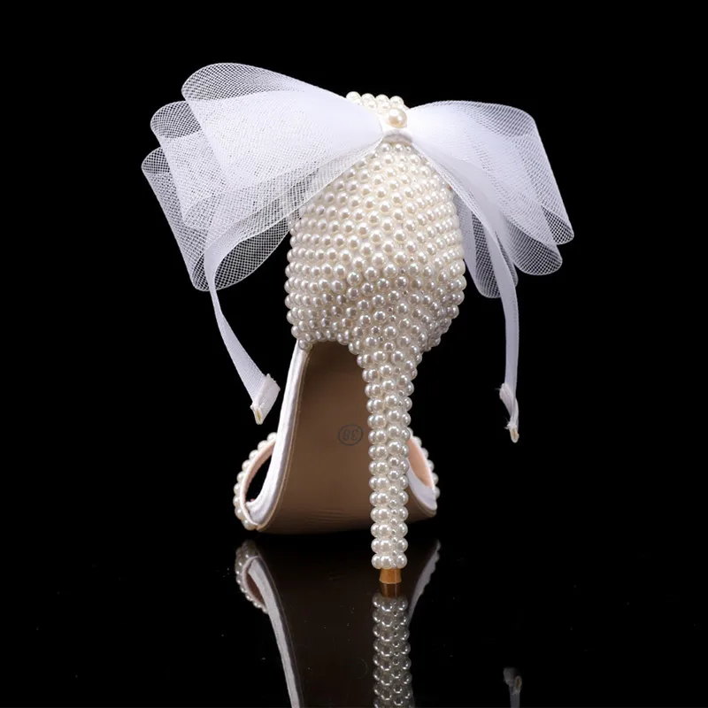 Summer New brand Fashion Bowknot Beading Women Gladiator Sandals Luxury Pearls White thin High heels Wedding Bridal Party Shoes