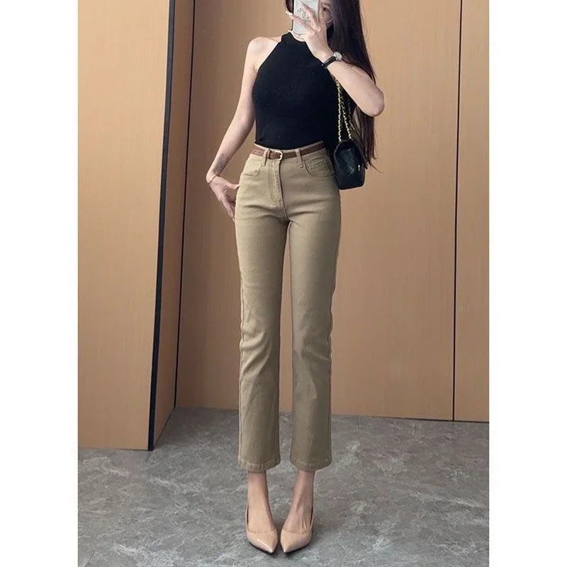 جينز كلاسيكي كاكي قديم على طراز المال مستقيم الساق للنساء 2025 ربيع الخريف جديد عالي الخصر مطاطا تسع نقاط السجائر السراويل