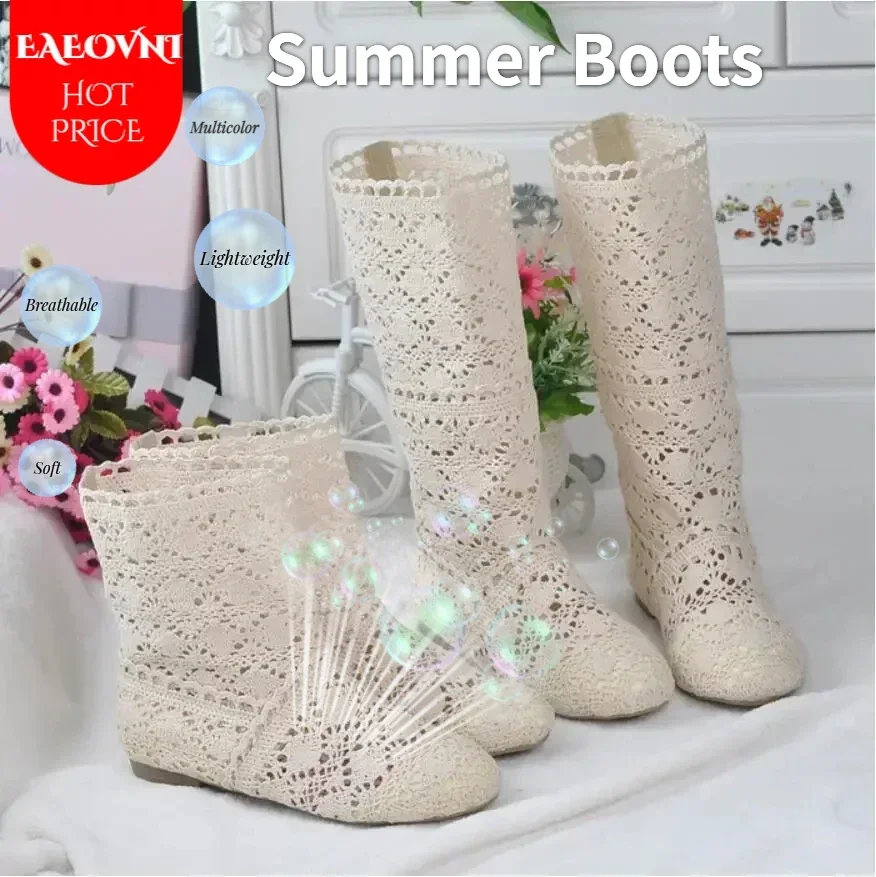 Women\'s spring high boots wool hollow boots fashion luxury brand summer white lace boots ladies hollow flat casual shoes