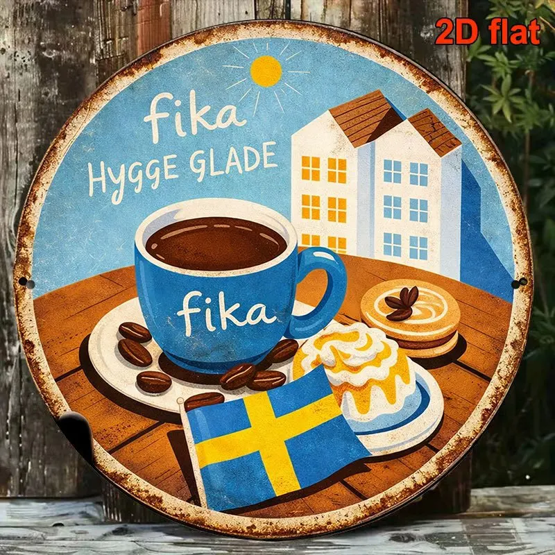 Impression 2D plate, 1 pièce, impression 2D plate sur bois. Panneau rond, plaque vintage sur le thème de « Swedish Time », « Fika Hygge Glade », décoratif
