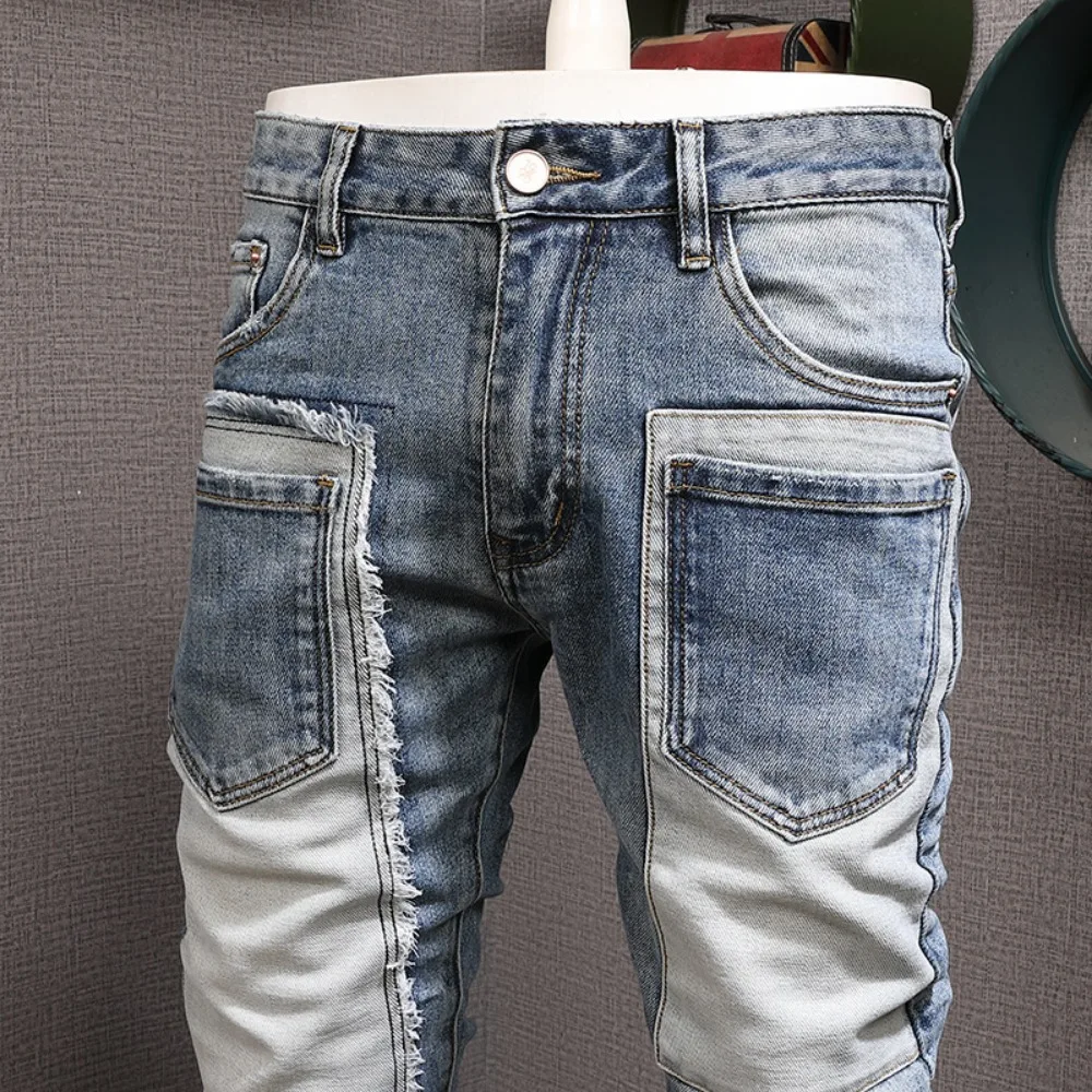 2024 Autumn Winter New Men's Retro Spliced Jeans Fashion Personalized Elastic Casual Pants  y2k Clothes Pants Men Baggy Jeans
