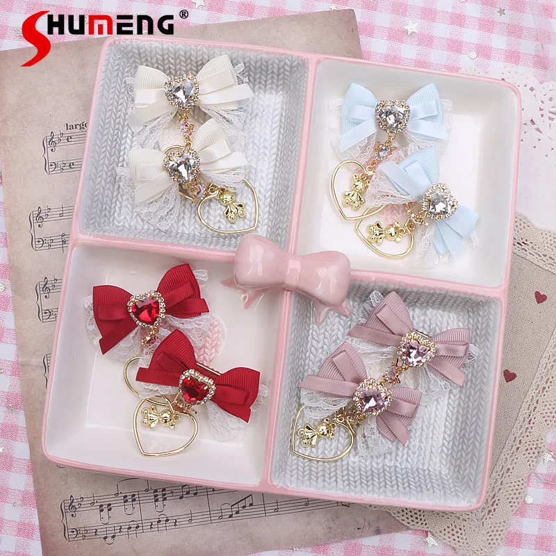 Customized Handmade Japanese Cute Barrettes Sweet Hairclips Kawaii Hair Accessories Love Bear Pendant Lace Bow Edge Clip A Pair