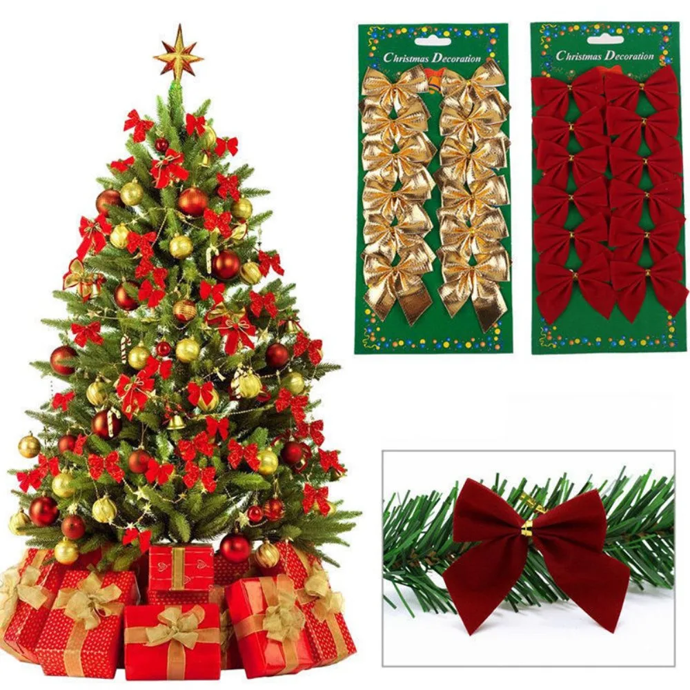 

12pcs Christmas Bows Decoration Mini Xmas Tree Bowknot Pendant Ornaments for Home Decoration Navidad New Year Party DIY Gifts