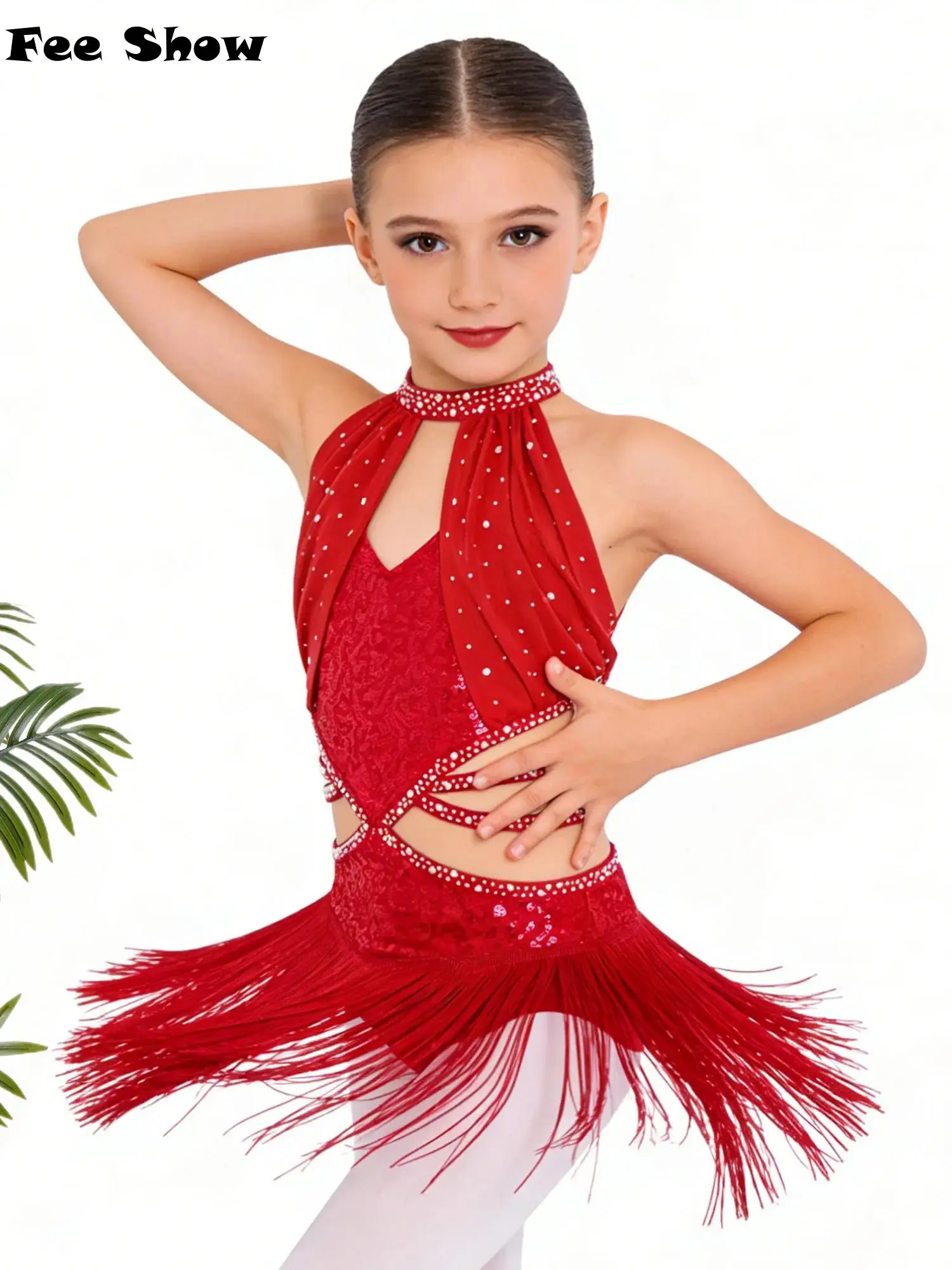 

Детское латинское танцевальное платье без рукавов с драпировкой, сетчатым верхом, вырезами, бретелями на талии, бахромой, блестками и стразами, леотард