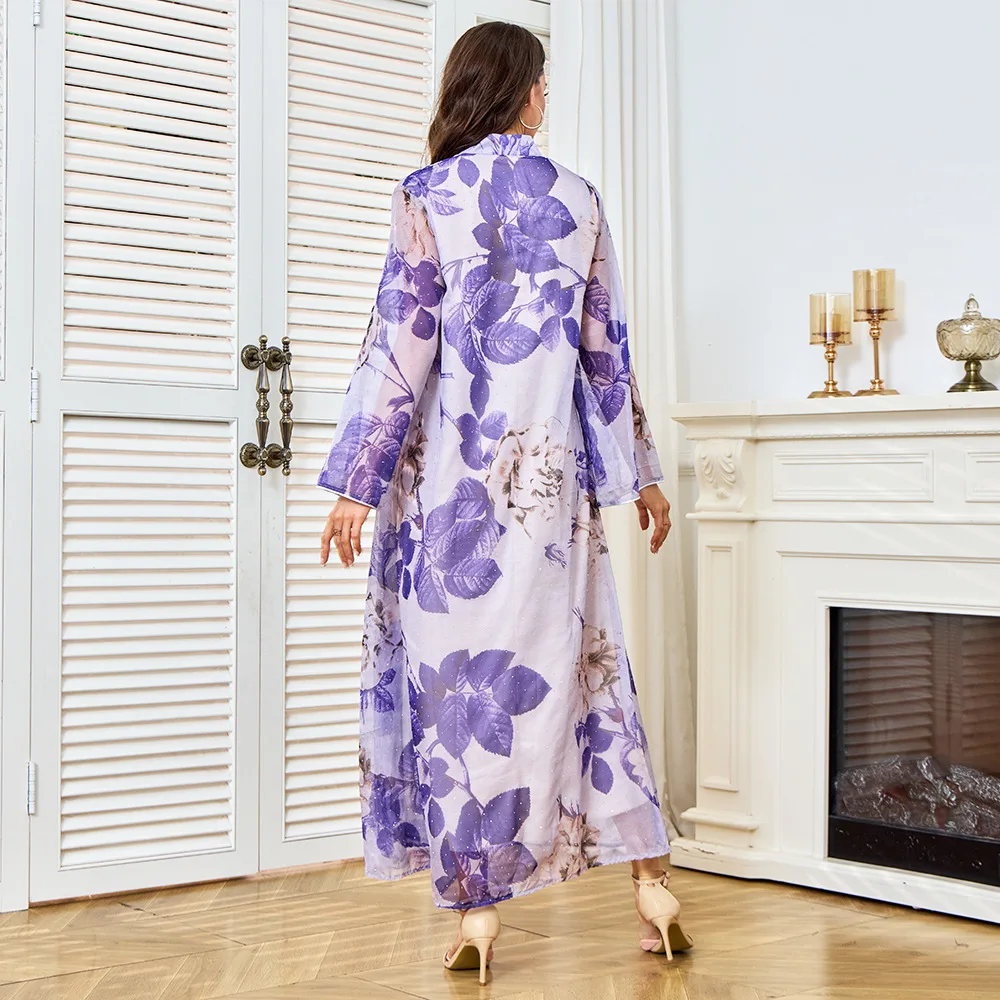 Oriente médio nova moda 2025 feminino roxo casual na moda solto diamante cravejado elegante decote em v manga longa tornozelo comprimento vestido
