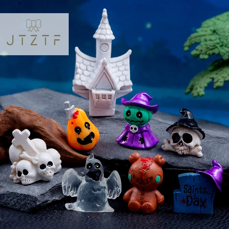 Mini Halloween Ornament Skull Pumpkin Wizard Ghost Grim Reaper Tombstone Horror Figurine Micro Landscape Dollhouse Miniature Toy