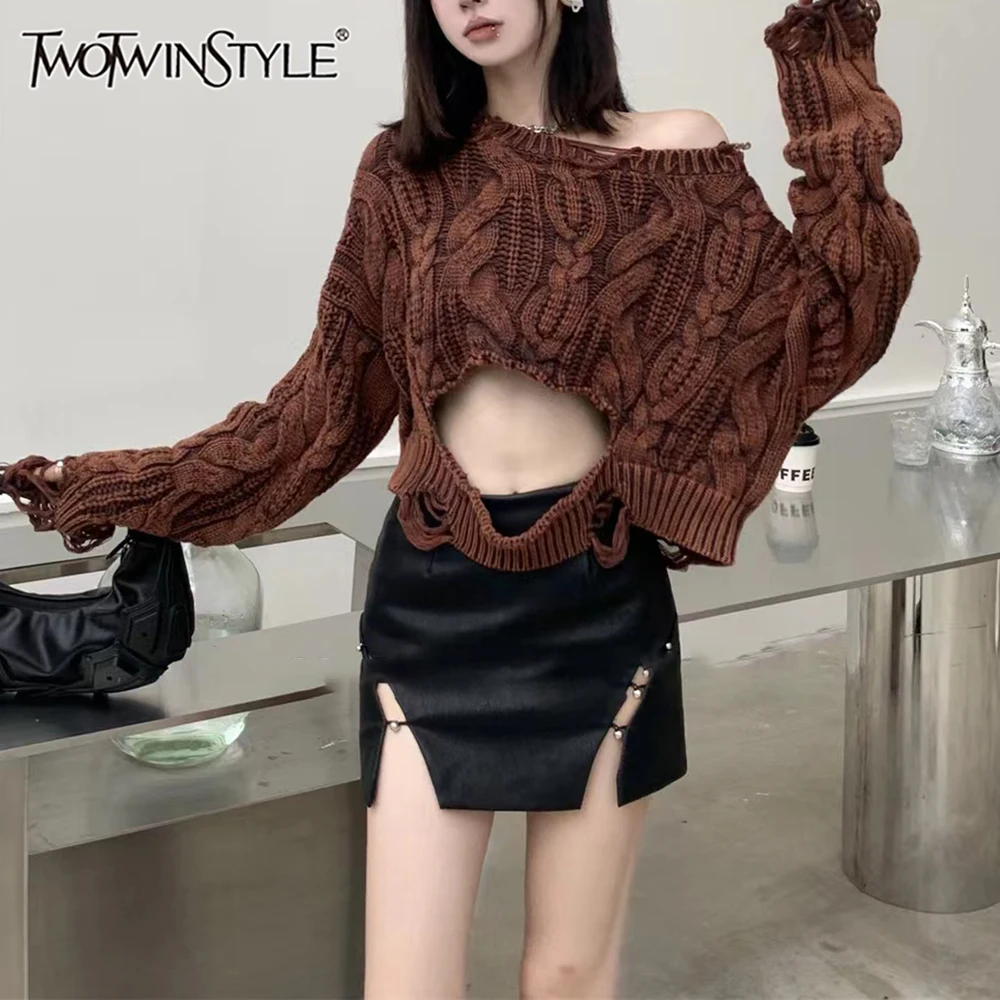 

Женский ажурный свитер TWOTWINSTYLE, белый Однотонный свитер составного кроя с круглым вырезом и длинными рукавами, 2019
