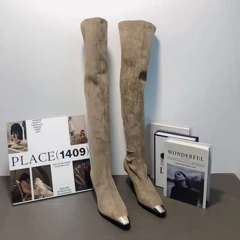 2026 High Boots for Women's High Heels Fashion Dress Shoes Pointed Toe Suede Designer Winter Botas Luxury Mujer Chelsea Boots