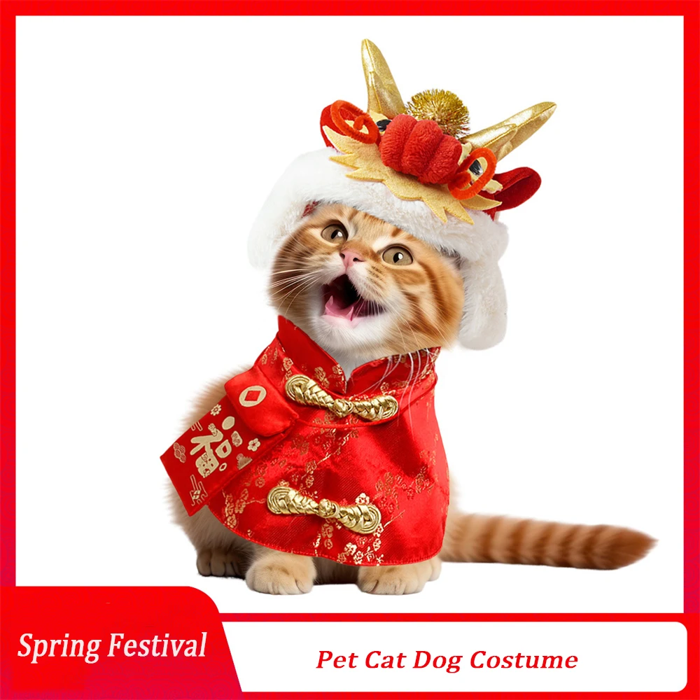 Pet Dog Costume Cat Suit Spring Festival Cape Neck Red Envelope Christmas Chinese Day New Year Collar Bow Tie Costume Gift