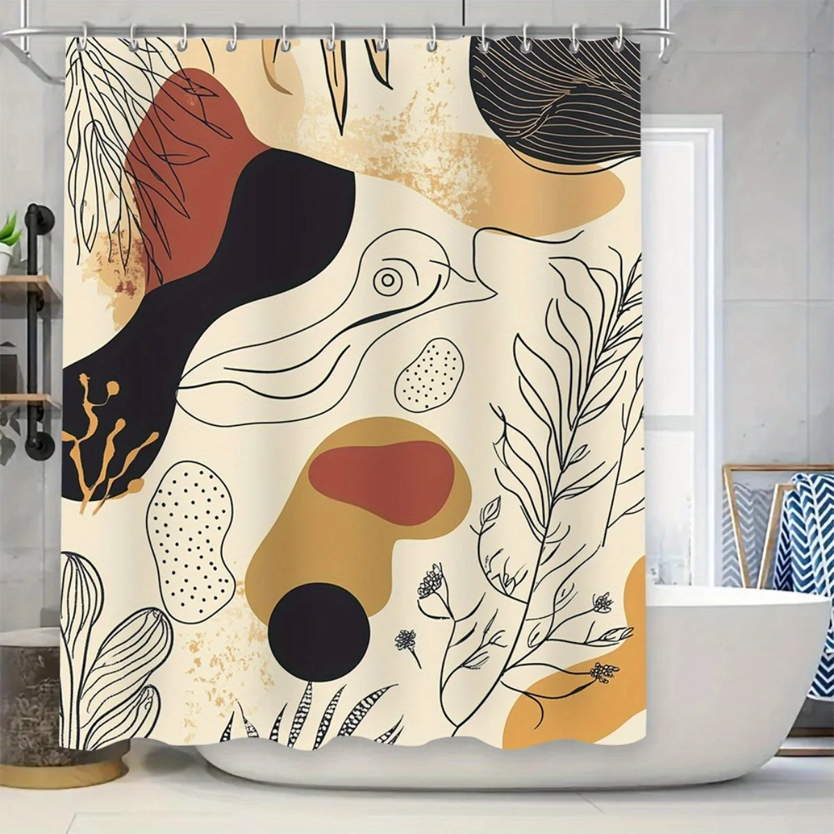 4pcs Fashionable and simple Unique Abstract Art High Quality Shower Curtain and Non-Slip Absorbent Bath Mat Set for Modern