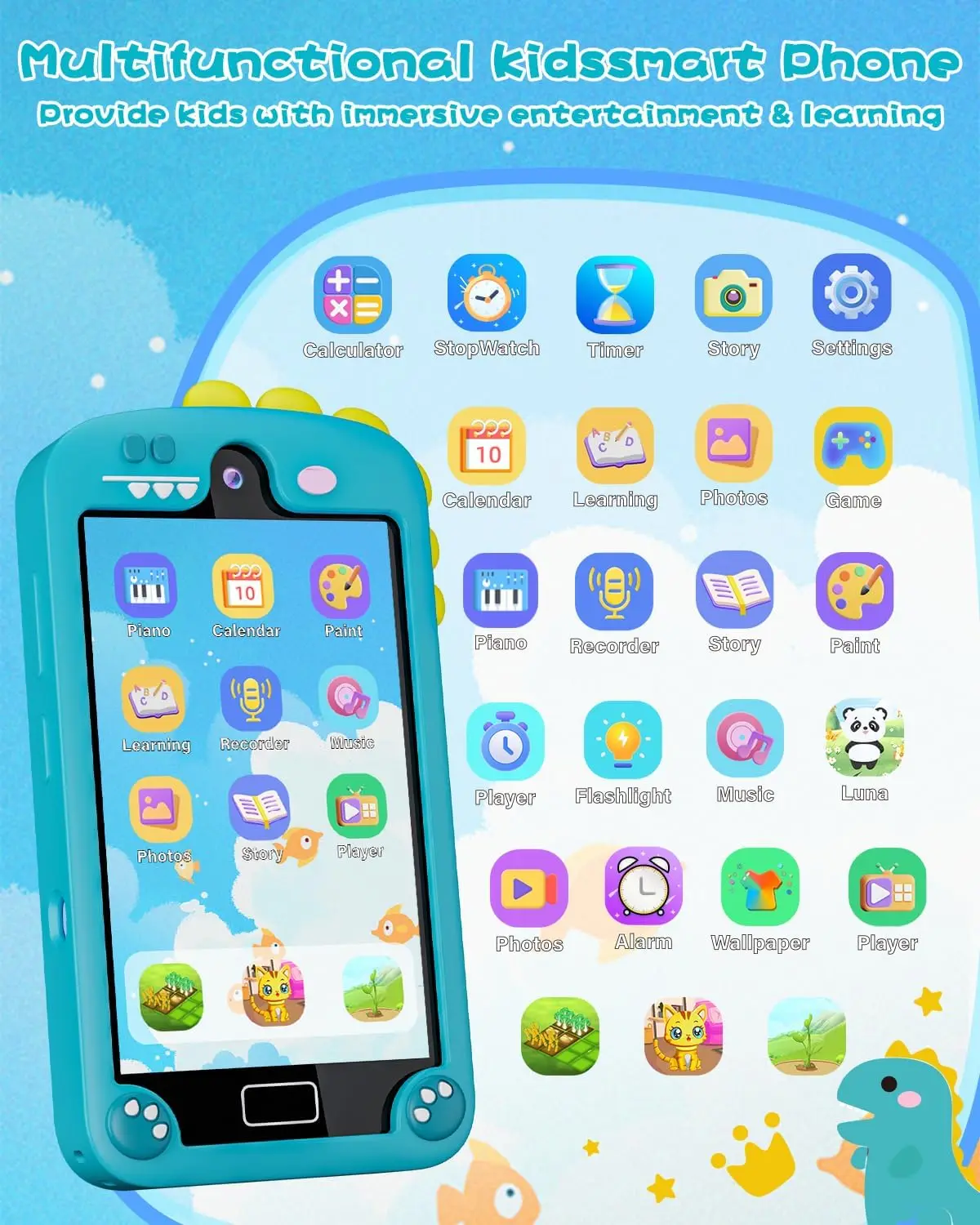 Kindersmartphone voor meisjes met 4,0 inch groot touchscreen, 32G-kaartcadeaus voor kinderspeelgoed, leerspeelgoed voor peuters, dubbele lens (cyaanblauw)