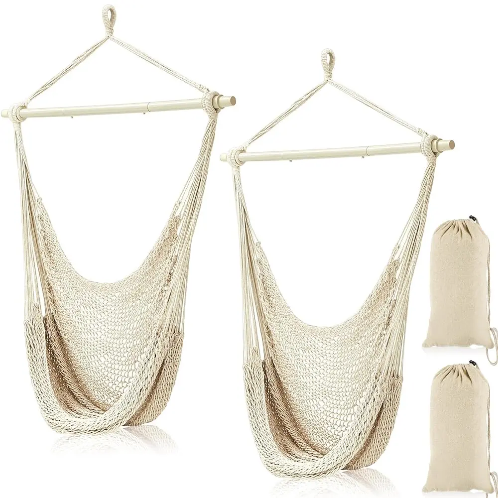 

2 Pcs Hanging Hammo Chair Boho Swing Chair Indoor Outdoor Cotton Rope Weaving Chair With 40 H Detachable Metal Bars For