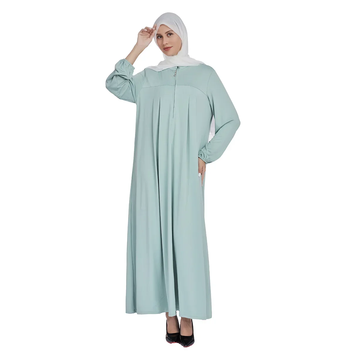 

Мусульманское платье-абайя для женщин на Рамадан и Ид, длинное, с воротником-стойкой, для молитв, повседневное, скромное, с длинными рукавами, на молнии спереди, марокканский кафтан