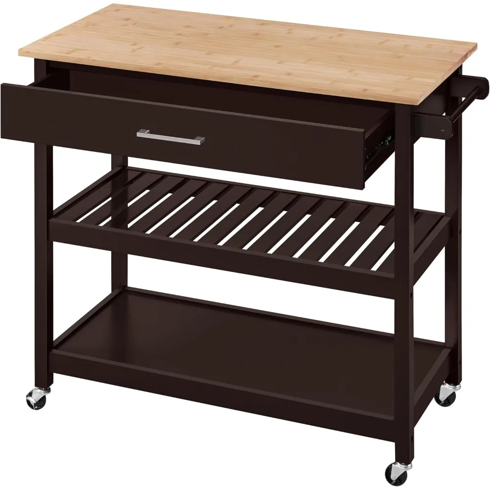 عربة جزيرة المطبخ مع سطح خشبي، وعربة أدوات متنقلة للخدمة، ودرج تخزين، ورف النبيذ، وحامل المناشف #1