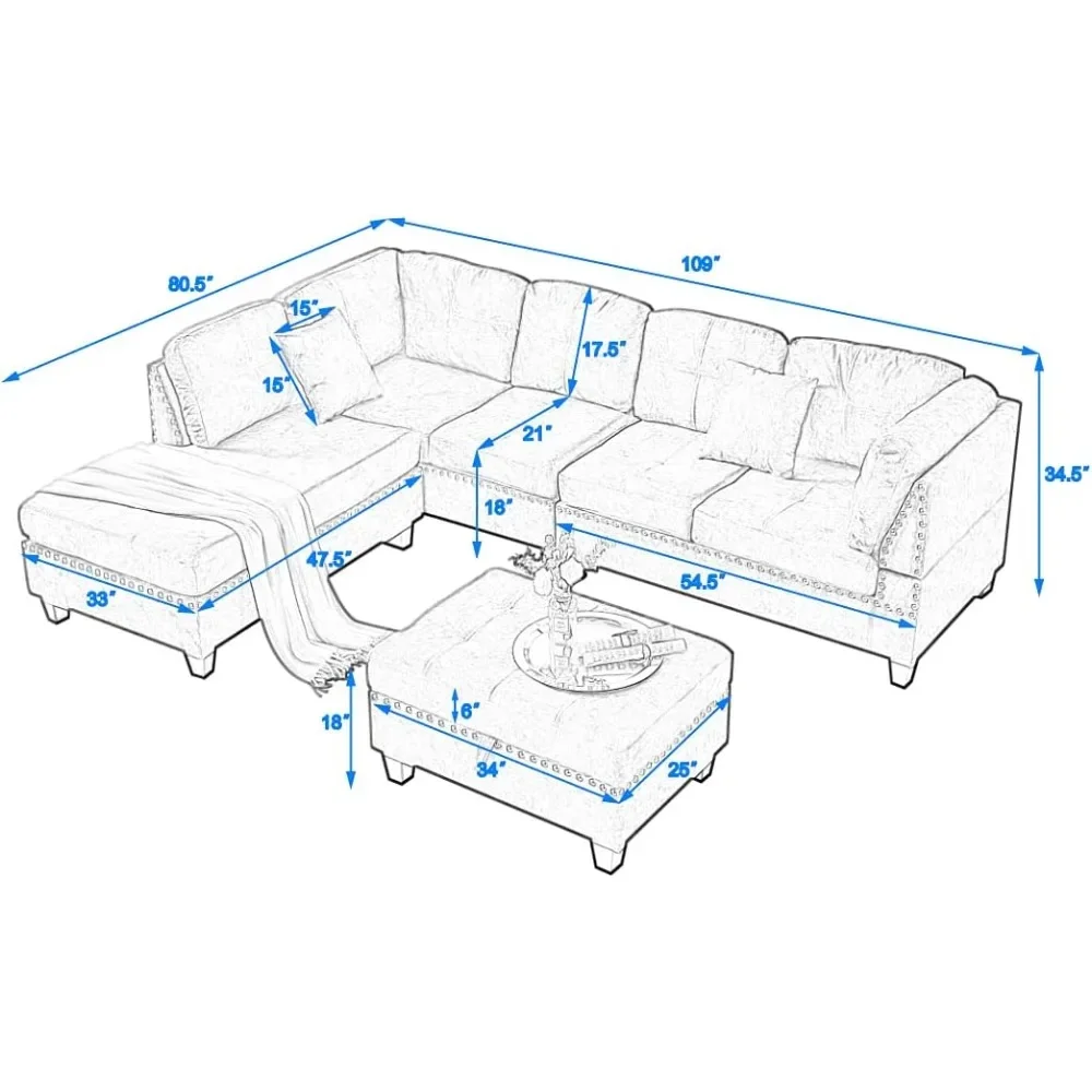 L-Shape Couch with Storage Ottoman and Two Small Pillow & Reversible Chaise Modular Sectional Living Room Furniture Sofa Sets